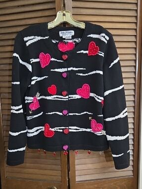 Jack B. Quick  Black Cardigan with Pink and Red Heart Appliqués